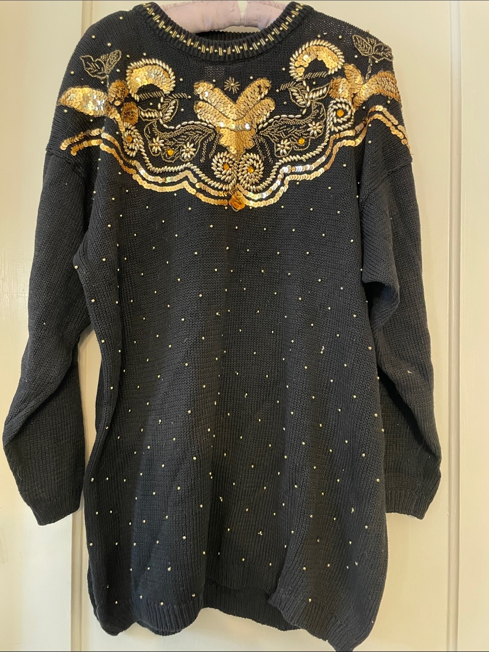 Vintage Victoria Harbour Black Crewneck Sweater with Gold Sequin Detail